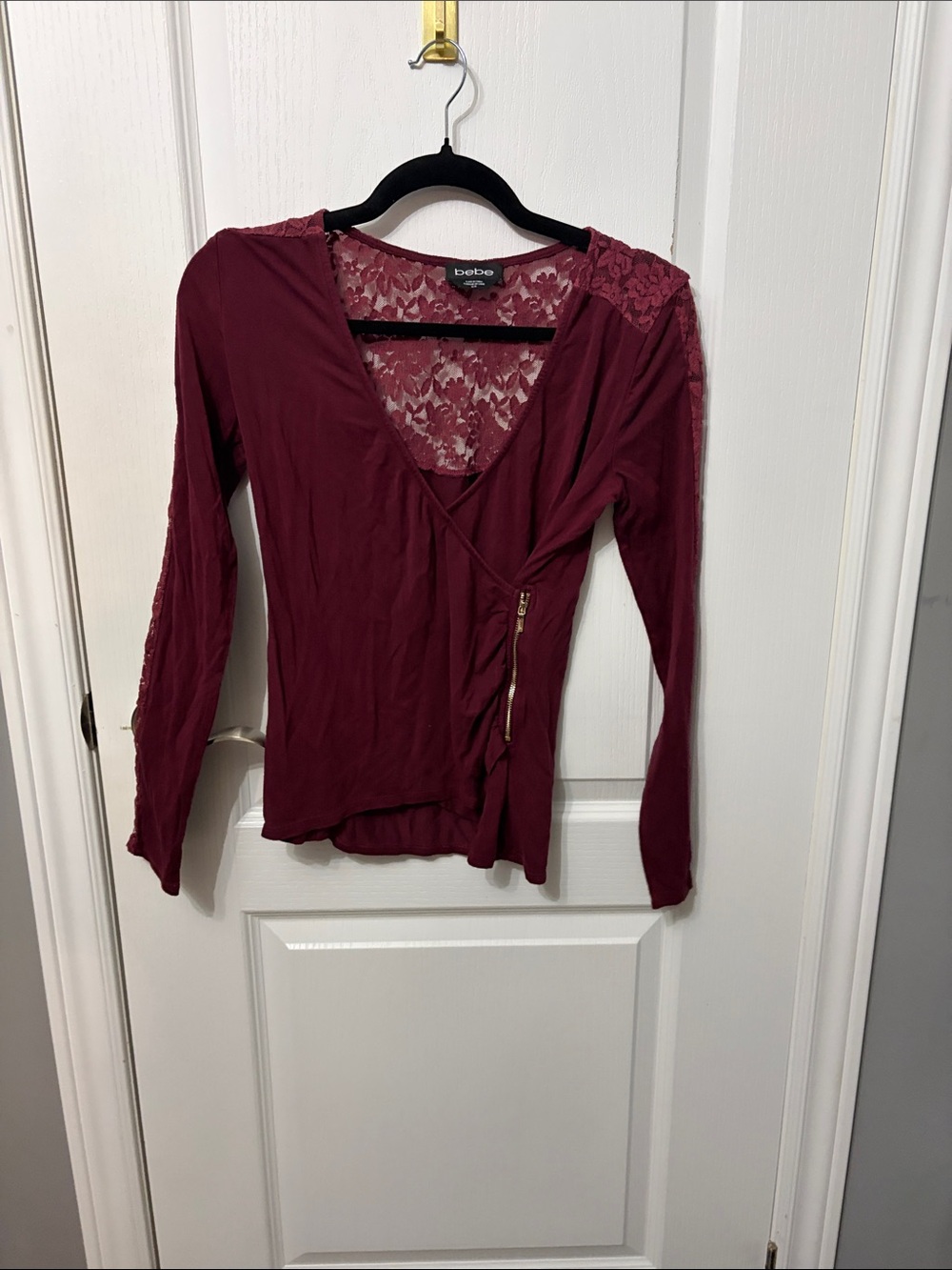 bebe Burgundy Lace-Back Wrap Long Sleeve Top